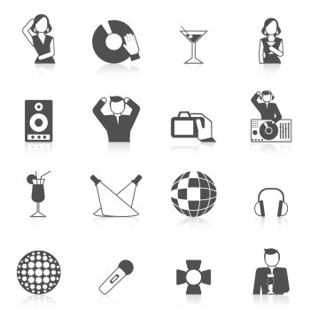 Nightclub icon set with vinyl dj cocktails and karaoke microphone isolated vector illustration