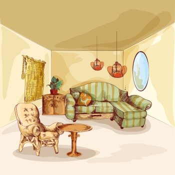 Living room interior sketch background with armchair sofa mirror and table vector illustration