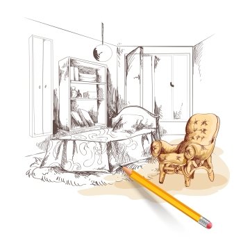 Bedroom interior sketch drawing with yellow pencil vector illustration