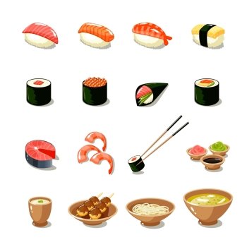 Asia food icon set with sushi rolls sashimi noodle miso isolated vector illustration