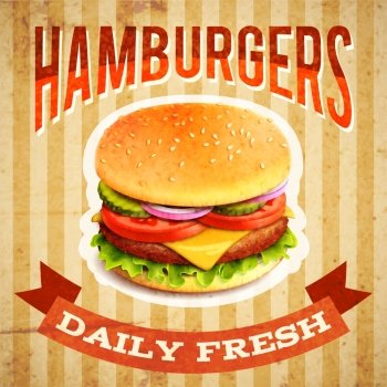 Fast food restaurant poster with beaf meat hamburger emblem vector illustration