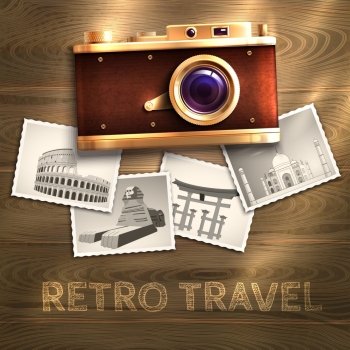 Retro travel poster with vintage camera and photo cards on wooden table background vector illustration