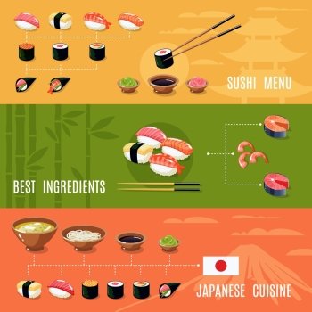 Asian food banners with sushi menu best ingredients japanese cuisine isolated vector illustration