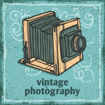 Retro photo camera vintage photography sketch poster vector illustration