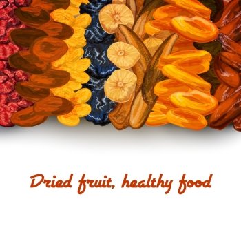 Decorative sun dried healthy diet fruit background banner print with dates apricots raisins and cherries vector illustration
