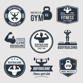 Bodybuilding black label set with muscle gym fitness sport club badges isolated vector illustration