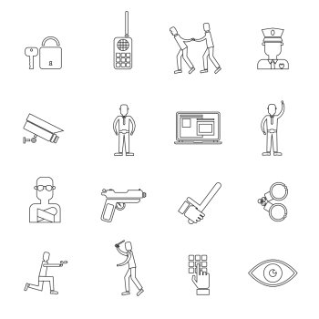 Security guard law protection police and criminal outline icons set isolated vector illustration
