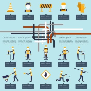 Road worker industrial builders and contractors infographics set vector illustration