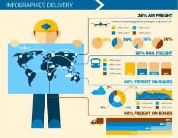 Delivery man infographics flat set with courier merchandise elements charts and world map vector illustration