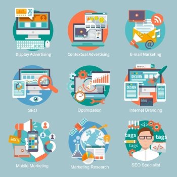 Seo internet marketing flat icon set with display contextual advertising e-mail marketing concepts isolated vector illustration