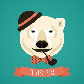 Animal polar bear with smoking pipe hat and moustache hipster portrait vector illustration