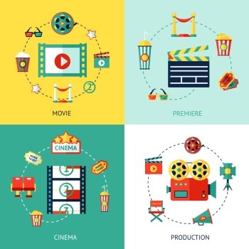 Cinema production flat design concepts set with movie premiere  icons isolated vector illustration