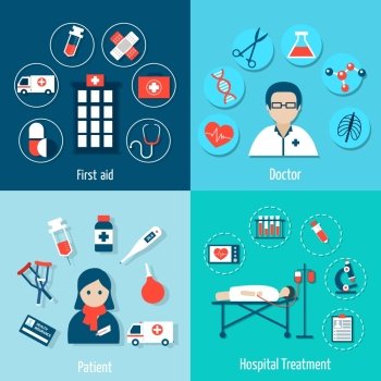Medical flat set with first aid doctor patient hospital treatment isolated vector illustration