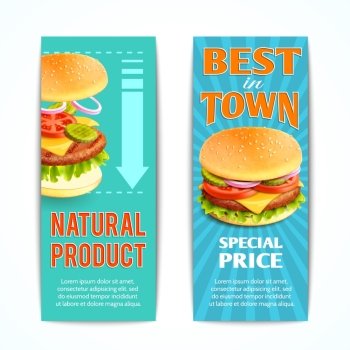 Fast food vertical banners set with best natural meat hamburgers isolated vector illustration