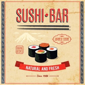 Asian food sushi bar natural and fresh japanese cuisine poster vector illustration