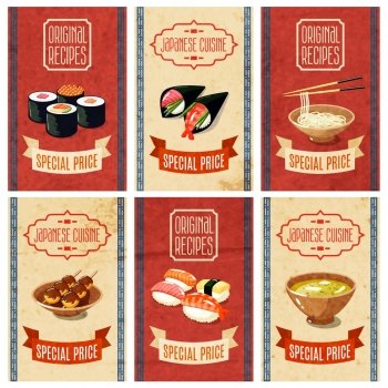 Asian food original recipes japanese cuisine special price banners set isolated vector illustration