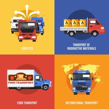Truck icons flat set with logistics radioactive materials food international transport isolated vector illustration