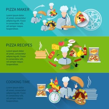 Pizza maker flat horizontal banner set with recipes cooking time isolated vector illustration
