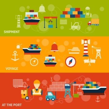 Seaport flat horizontal banner set with shipment voyage port isolated vector illustration