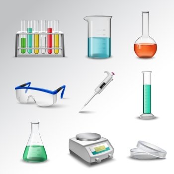 Laboratory glass equipment realistic decorative icons set with flasks beakers and pipette isolated vector illustration