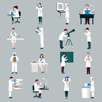 Scientists characters set with male and female people in laboratory isolated vector illustration
