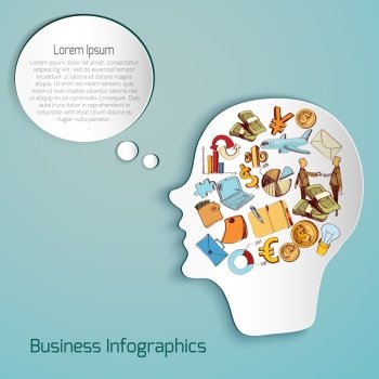 Human paper head with business sketch icons set and speech bubble vector illustration