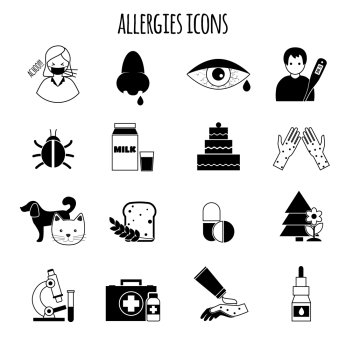 Allergies disease and medicine treatment health icons black vector illustration