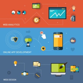 Web development banner set with analytics online apps design elements isolated vector illustration
