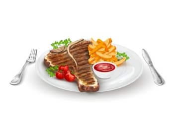 Grilled steak on plate with potato chips vegetables knife and fork vector illustration