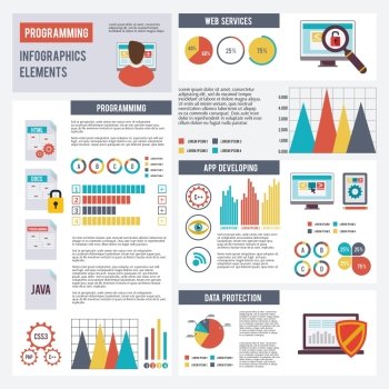 Programmer infographics set with app development and data protection elements and charts vector illustration