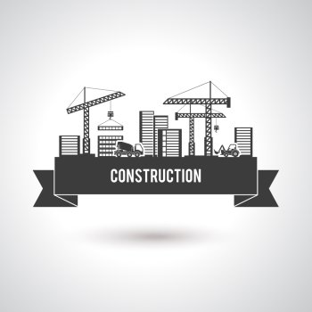 Building construction poster with cranes trucks and skyscrapers vector illustration