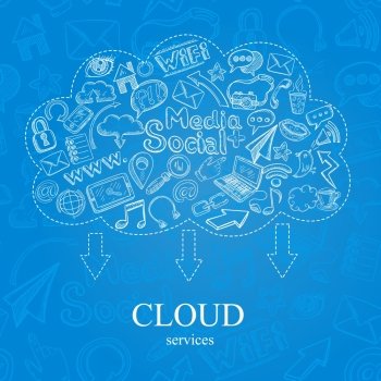 Social media cloud services concept with doodle icons set vector illustration