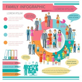 Family infographics set with charts and parent and children elements vector illustration