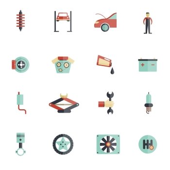 Auto service flat icon set with mechanic tools automobile maintenance symbols isolated vector illustration