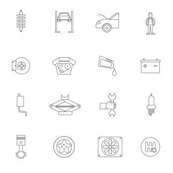Auto service outline icon set with vehicle parts brakes and service isolated vector illustration
