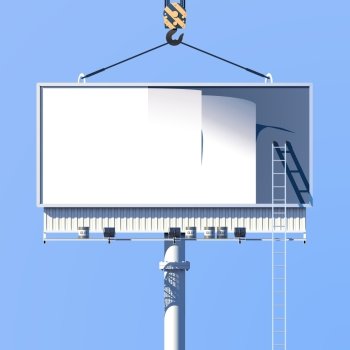 Outdoor construction of marketing information advertising billboard on blue background poster vector illustration