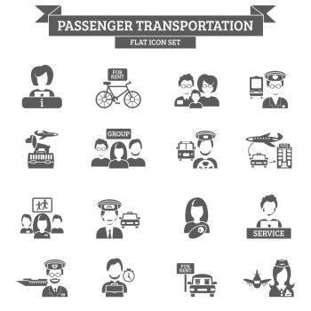 Passenger transportation black icon set with driver captain stewardess isolated vector illustration
