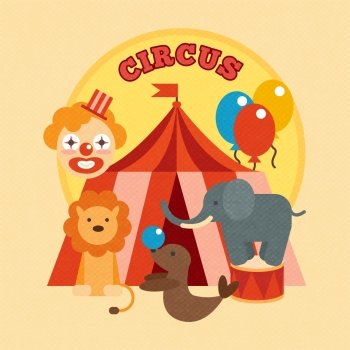 Circus performance poster with tent clown and lion elephant sealion animals flat vector illustration