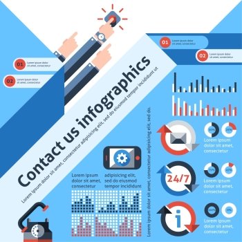Contact us infographics set with telephone customer service communication elements and charts vector illustration