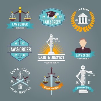 Law and order legal service justice procedures company labels flat symbols collection icons set isolated vector illustration