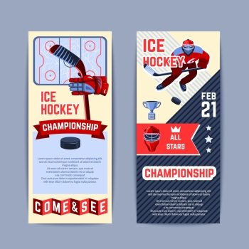 Ice hockey championship vertical banner set with players and sport equipment isolated vector illustration