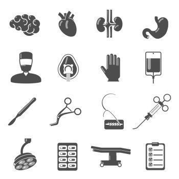 Surgery icons black set  with brain blood stomach scalpel isolated vector illustration