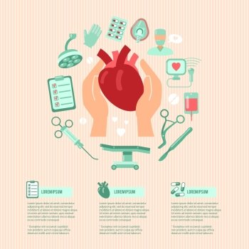 Cardiac surgery design concept wit human hands holding heart and operation icons vector illustration