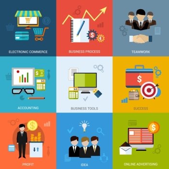 Business concept set with electronic commerce teamwork accounting tools icons isolated vector illustration