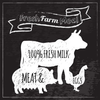 Farm animals and fresh milk meat and eggs food poster chalkboard vector illustration