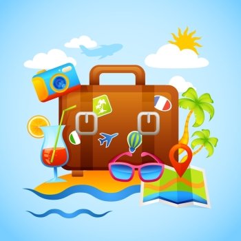 Vacation and tourism concept with suitcase and travel and recreation icons vector illustration