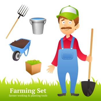 Farmer man avatar with farming working and planting tools set vector illustration