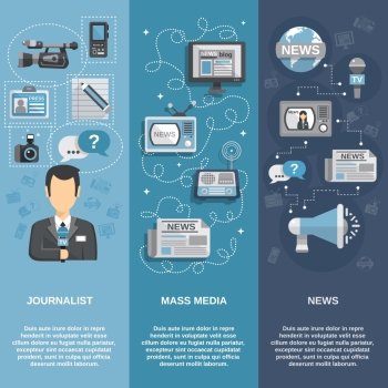 Journalist flat banner set vertical with mass media and news elements isolated vector illustration