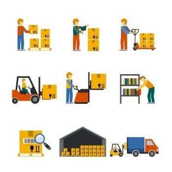 Warehouse icon flat set with forklift cart service manager isolated vector illustration