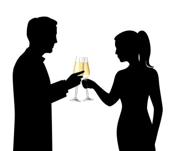 Heterosexual couple black silhouettes drinking champagne and talking celebration scene vector illustration
